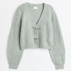 H&M Womens Sage Icy Green Rhinestone Bow Cropped Coquette Cardigan Sweater XS